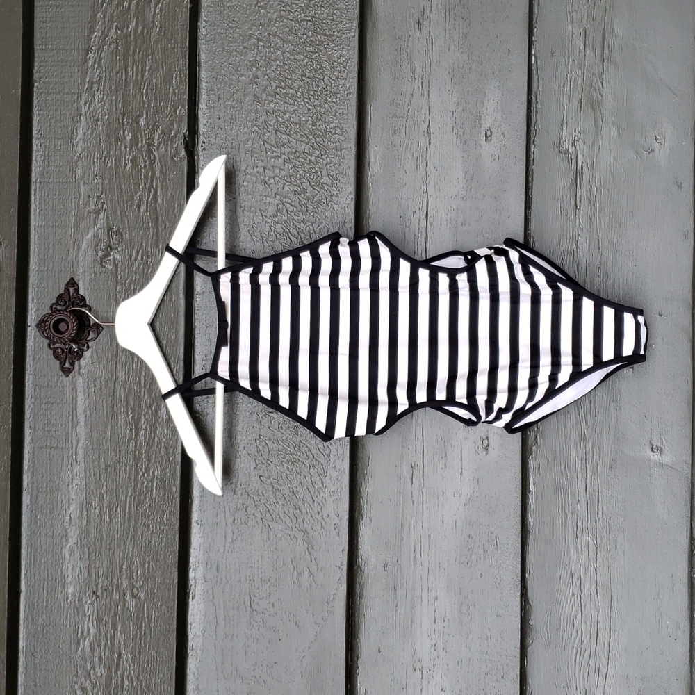 KATE SPADE New York Girls Striped Side Cutout 1 PC Swimsuit Black White sz 12 - Picture 6 of 13